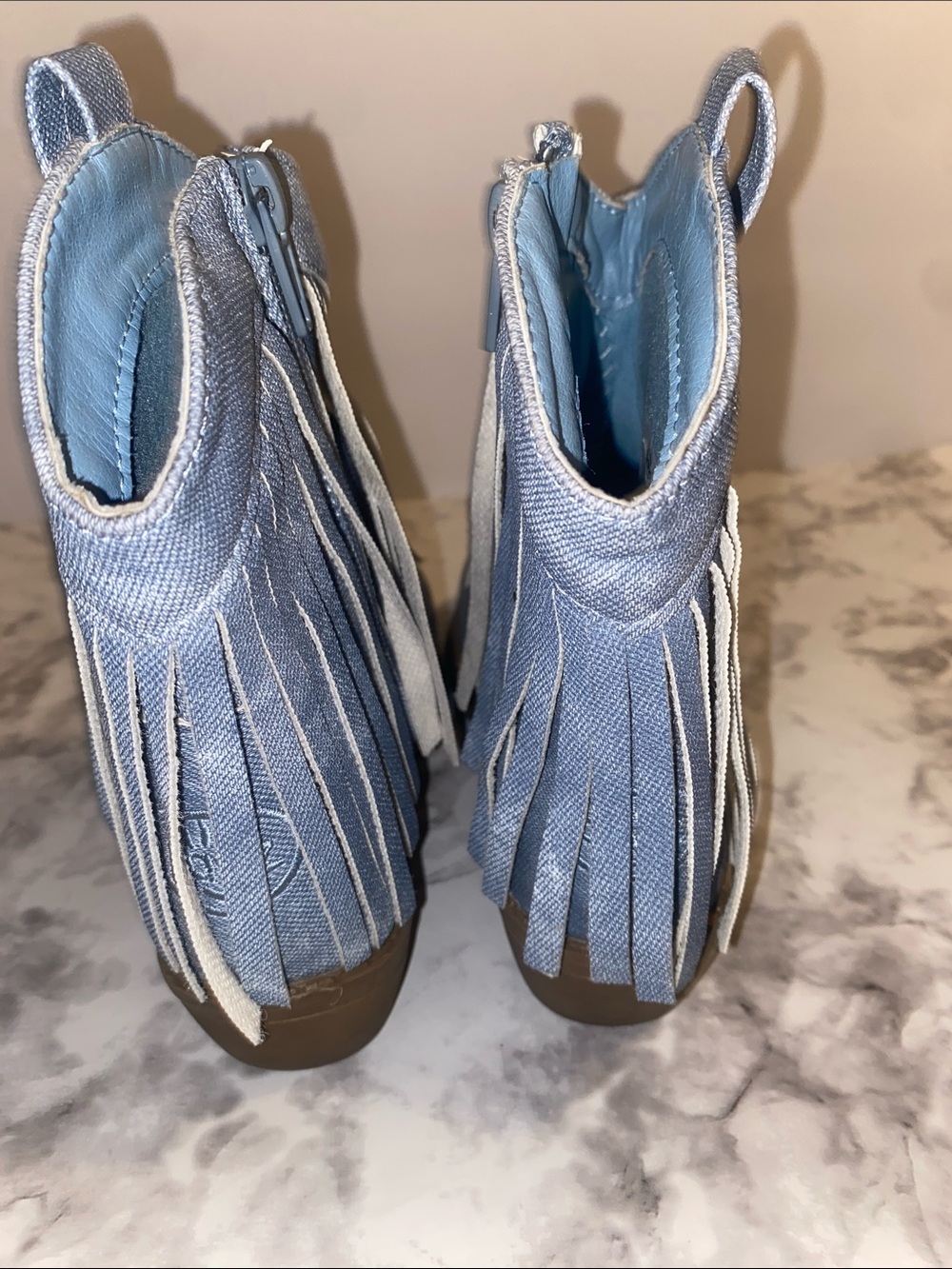 PAWZ Light Blue Embroidered Fringe Ankle Boots - Picture 3 of 5